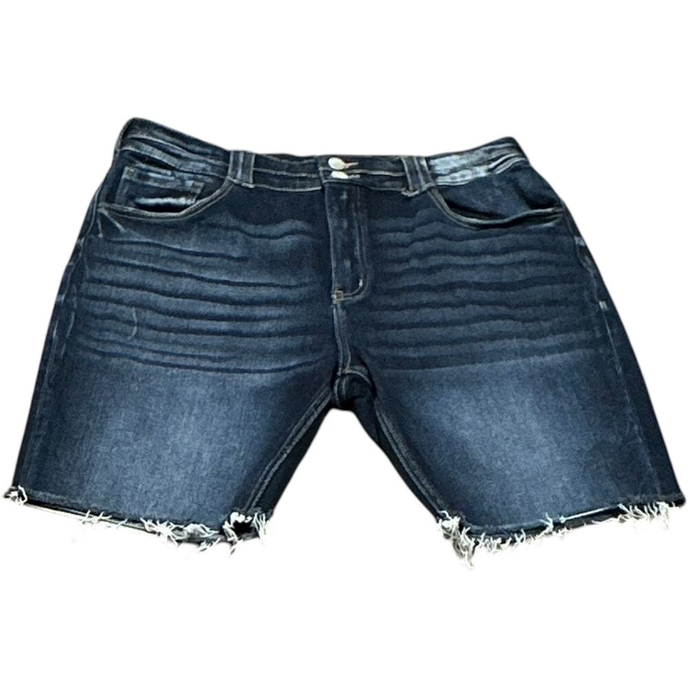 KanCan Indigo Dark Wash Frayed Hem Jean Shorts